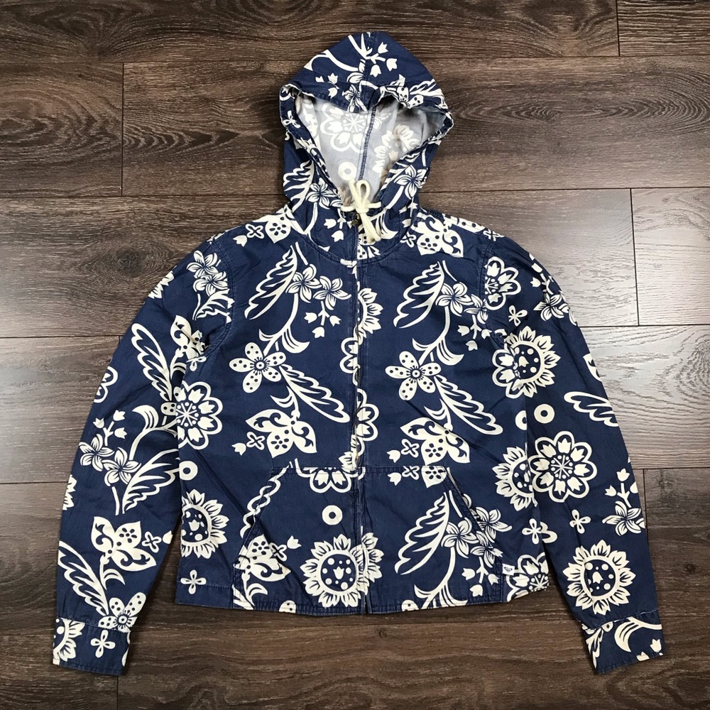 Quicksilver Roxy Women’s Vintage Full Zip Blue Hooded Lightweight Floral Jacket - Picture 1 of 9